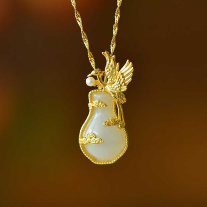 925 Silver - Inlaid Hetian Jade Pendant with "Peace, Auspicious Clouds & Crane" Design - jewelry - weilin.com