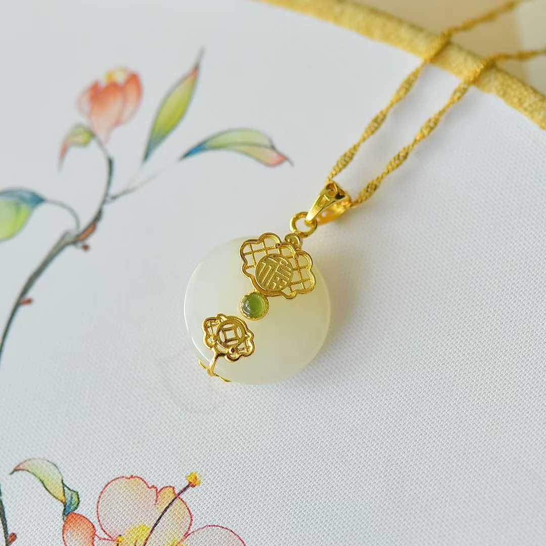925 Silver - Inlaid Hetian Jade Pendant with "Peace & Smoothness" Meaning (Plain Silver Style) - jewelry - weilin.com
