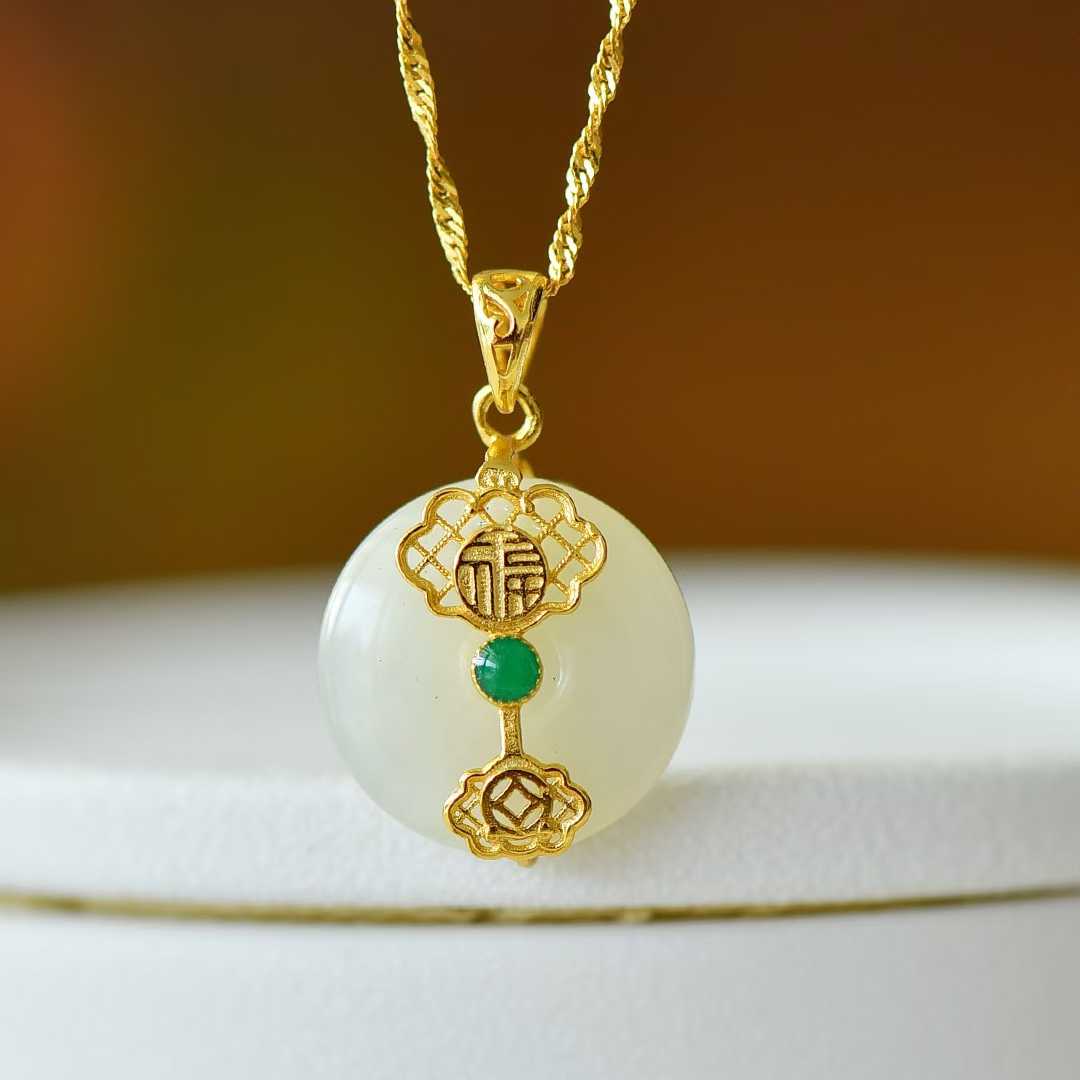925 Silver - Inlaid Hetian Jade Pendant with "Peace & Smoothness" Meaning (Plain Silver Style) - jewelry - weilin.com