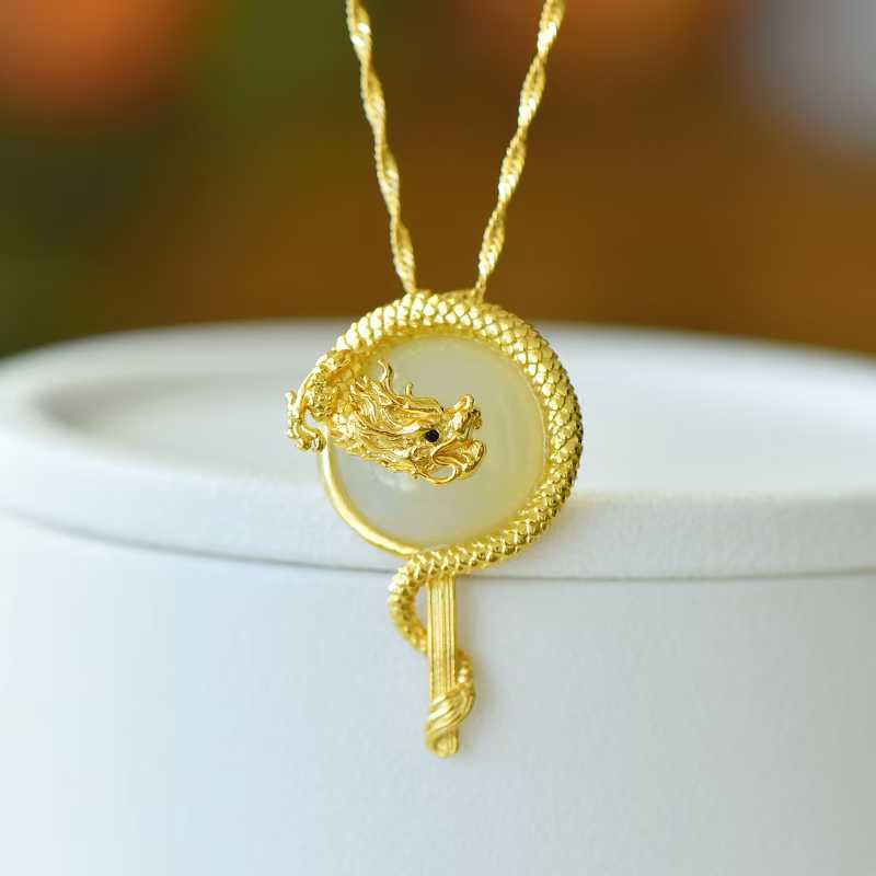 925 Silver - Inlaid Hetian Jade Pendant with Round Drum - Shaped Surface & "Dragon Soaring Across the Four Seas" Design - jewelry - weilin.com