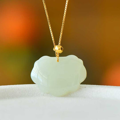 925 Silver - Inlaid Hetian Jade Pendant with "Ruyi Lock" Design, Plain Silver Style & Integrated Chain - jewelry - weilin.com