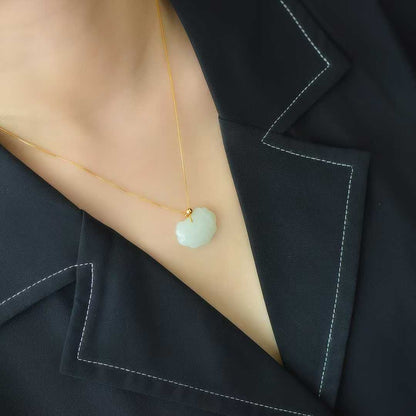 925 Silver - Inlaid Hetian Jade Pendant with "Ruyi Lock" Design, Plain Silver Style & Integrated Chain - jewelry - weilin.com