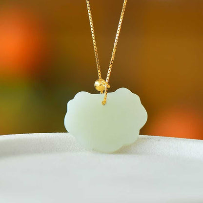 925 Silver - Inlaid Hetian Jade Pendant with "Ruyi Lock" Design, Plain Silver Style & Integrated Chain - jewelry - weilin.com