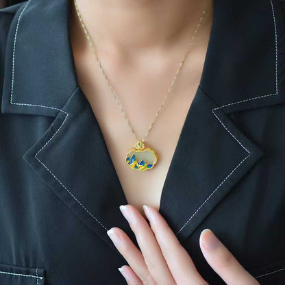 925 Silver - Inlaid Hetian Jade Pendant with "Wanshui Qianshan" (Endless Mountains and Rivers) & "Ruyi Lock" Design - jewelry - weilin.com