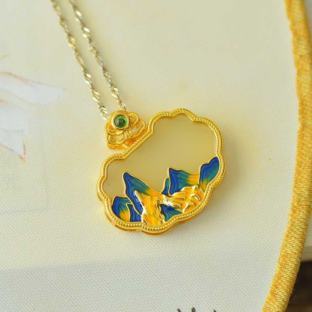 925 Silver - Inlaid Hetian Jade Pendant with "Wanshui Qianshan" (Endless Mountains and Rivers) & "Ruyi Lock" Design - jewelry - weilin.com