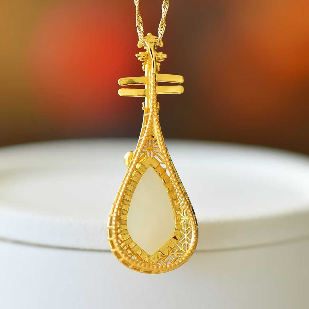 925 Silver - Inlaid Hetian Jade Pendant with "Water Adornments & Wind Garments" Theme & Pipa (Chinese Lute) Design - jewelry - weilin.com