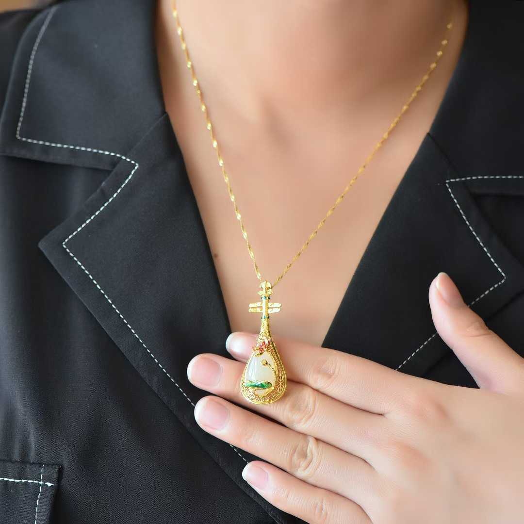 925 Silver - Inlaid Hetian Jade Pendant with "Water Adornments & Wind Garments" Theme & Pipa (Chinese Lute) Design - jewelry - weilin.com