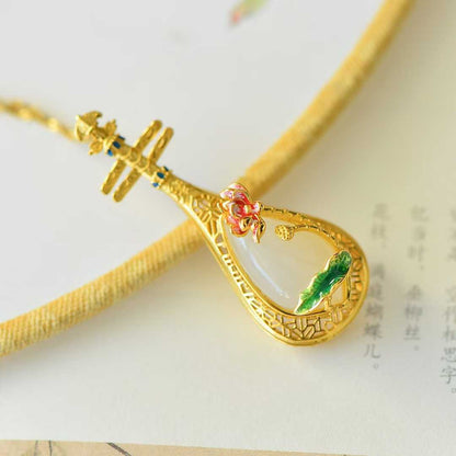 925 Silver - Inlaid Hetian Jade Pendant with "Water Adornments & Wind Garments" Theme & Pipa (Chinese Lute) Design - jewelry - weilin.com