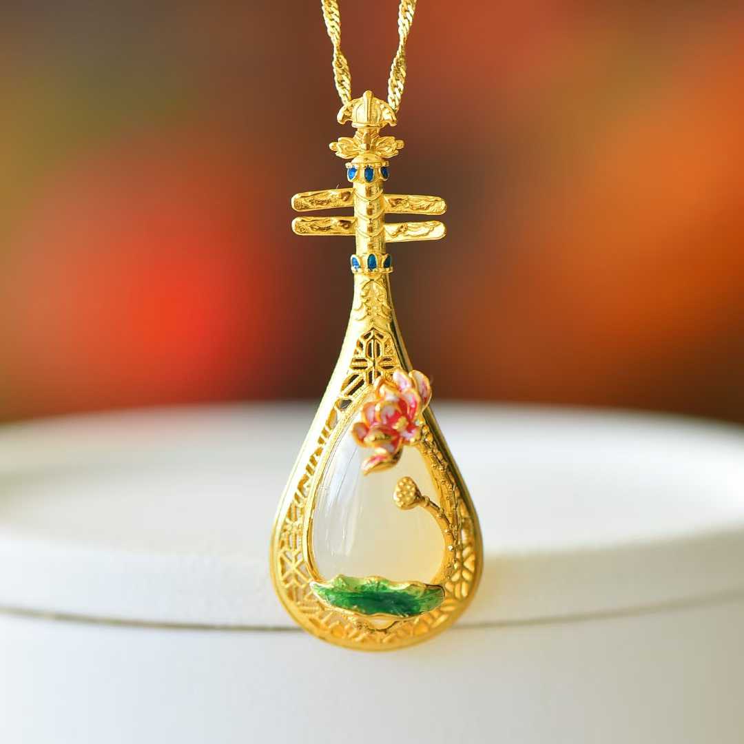 925 Silver - Inlaid Hetian Jade Pendant with "Water Adornments & Wind Garments" Theme & Pipa (Chinese Lute) Design - jewelry - weilin.com