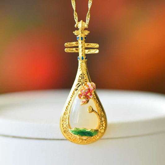 925 Silver - Inlaid Hetian Jade Pendant with "Water Adornments & Wind Garments" Theme & Pipa (Chinese Lute) Design - jewelry - weilin.com