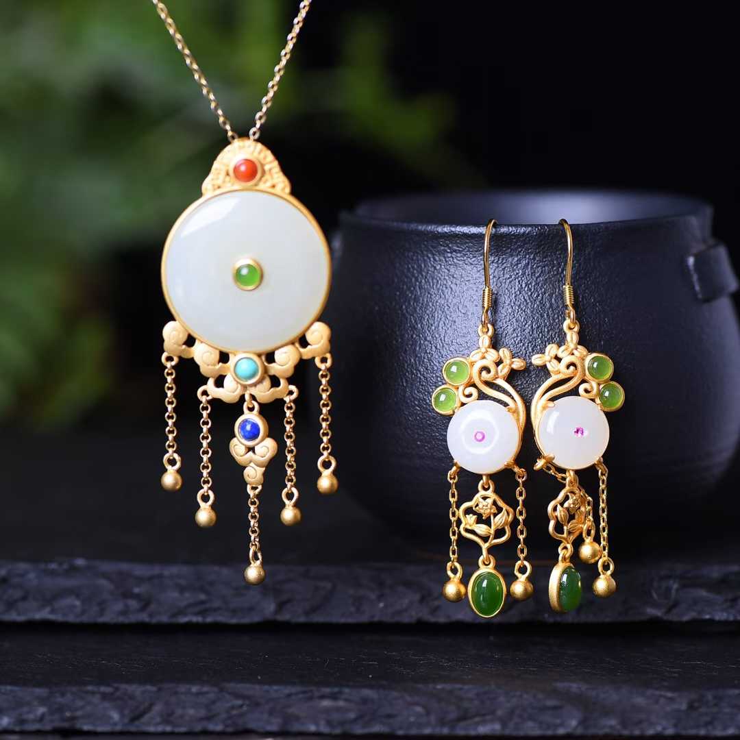 925 Silver Inlaid Hetian Jade Ping'an Kou Set - jewelry - weilin.com