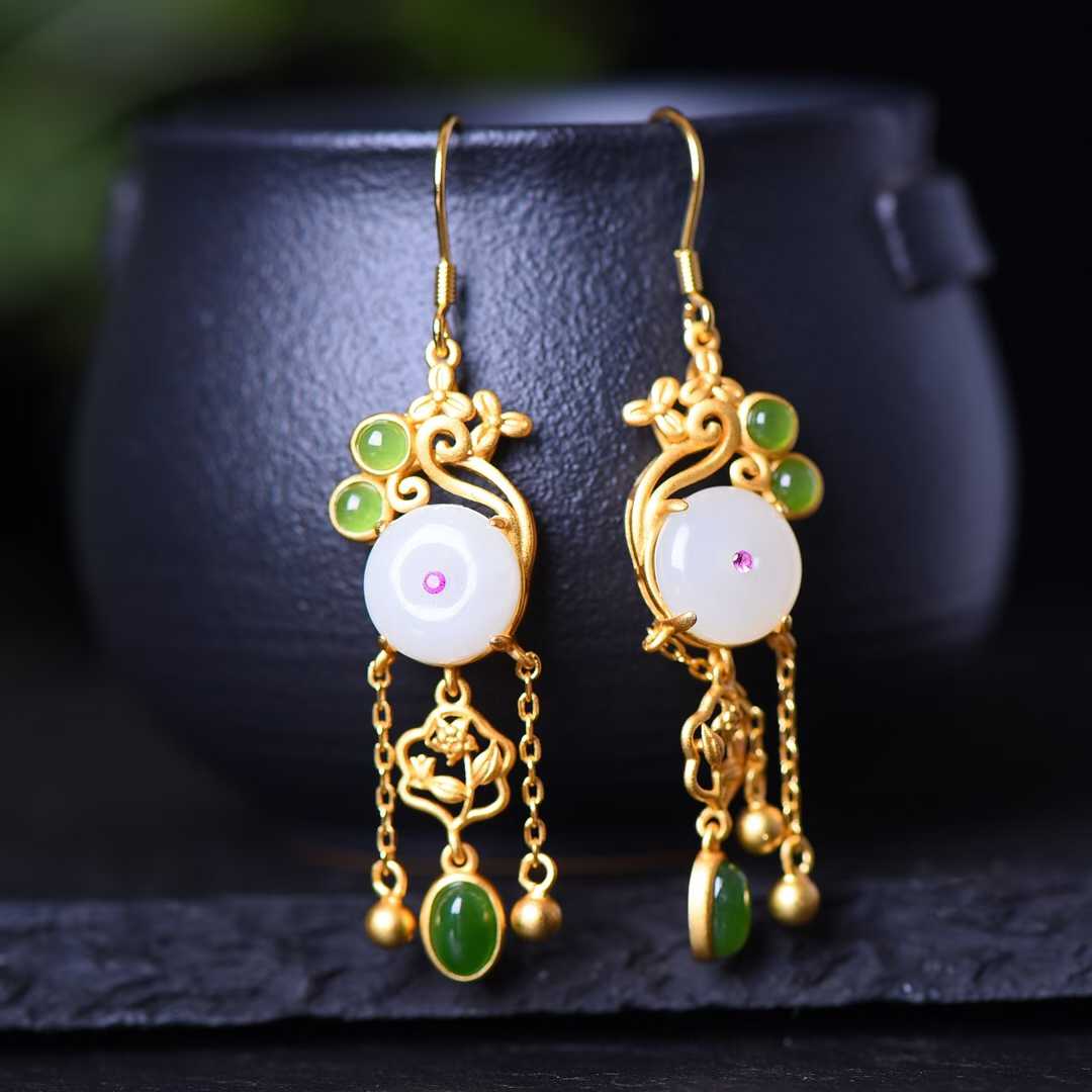 925 Silver Inlaid Hetian Jade Ping'an Kou Set - jewelry - weilin.com