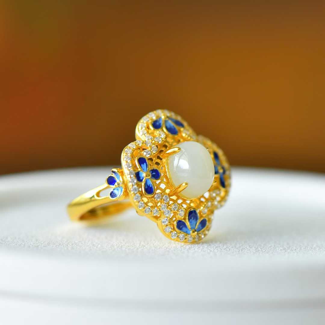 925 Silver - Inlaid Hetian Jade Ring with Filigree, "Ruyi" & Heavy Inlay Design - jewelry - weilin.com