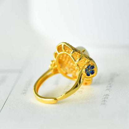 925 Silver - Inlaid Hetian Jade Ring with Filigree, "Ruyi" & Heavy Inlay Design - jewelry - weilin.com