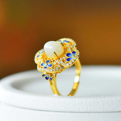 925 Silver - Inlaid Hetian Jade Ring with Filigree, "Ruyi" & Heavy Inlay Design - jewelry - weilin.com