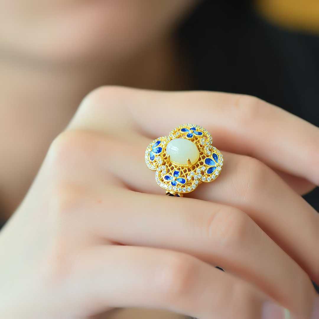 925 Silver - Inlaid Hetian Jade Ring with Filigree, "Ruyi" & Heavy Inlay Design - jewelry - weilin.com