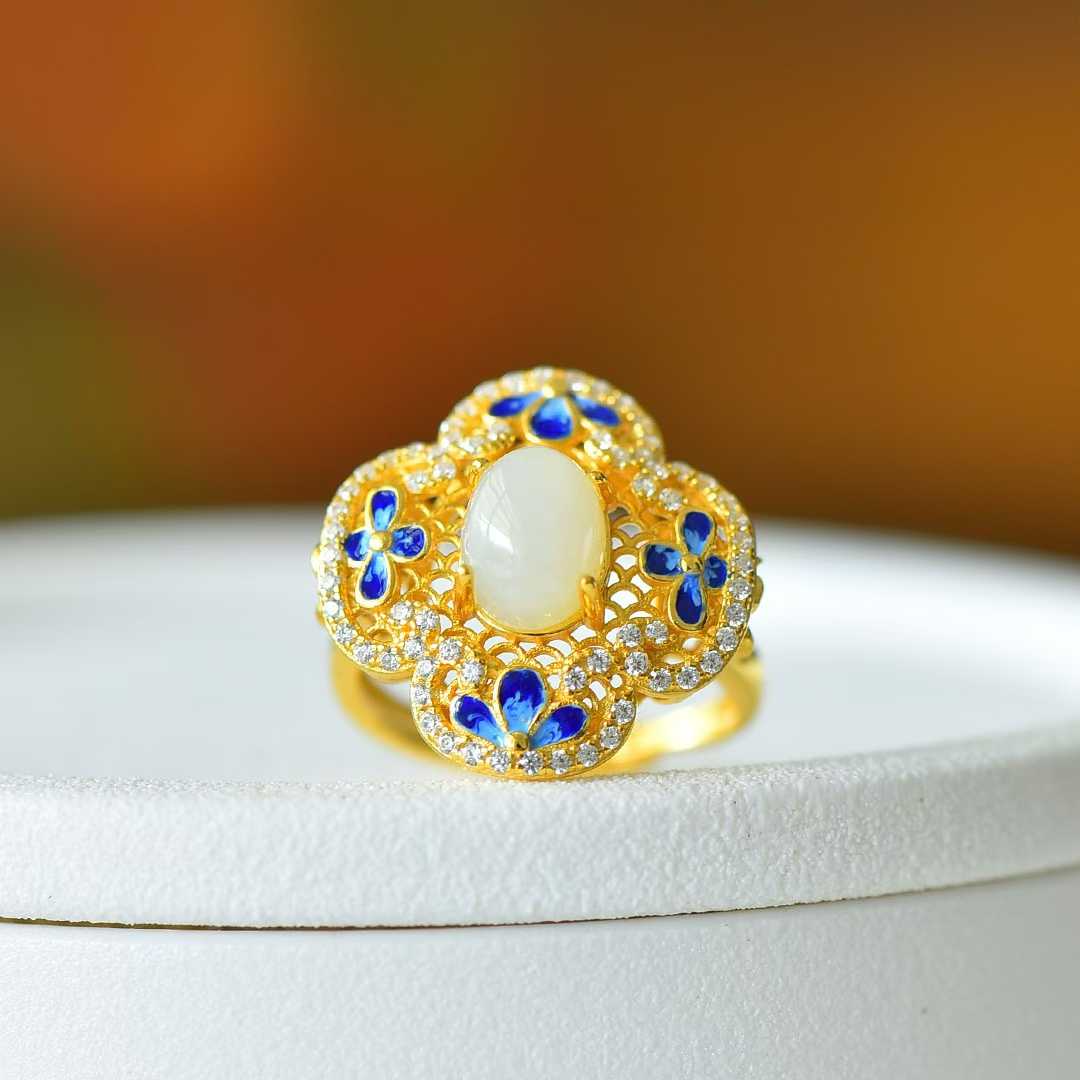 925 Silver - Inlaid Hetian Jade Ring with Filigree, "Ruyi" & Heavy Inlay Design - jewelry - weilin.com