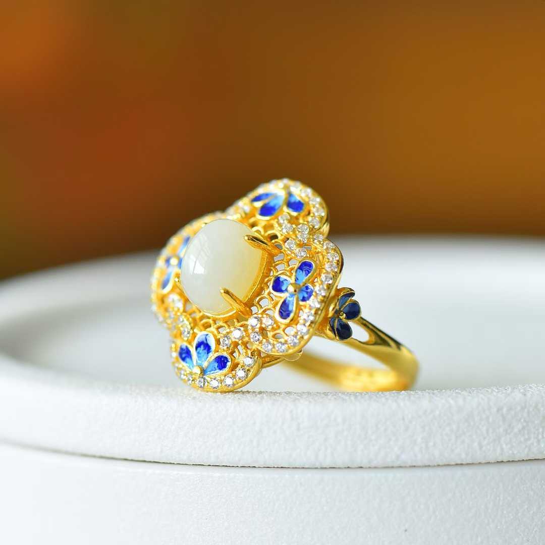 925 Silver - Inlaid Hetian Jade Ring with Filigree, "Ruyi" & Heavy Inlay Design - jewelry - weilin.com