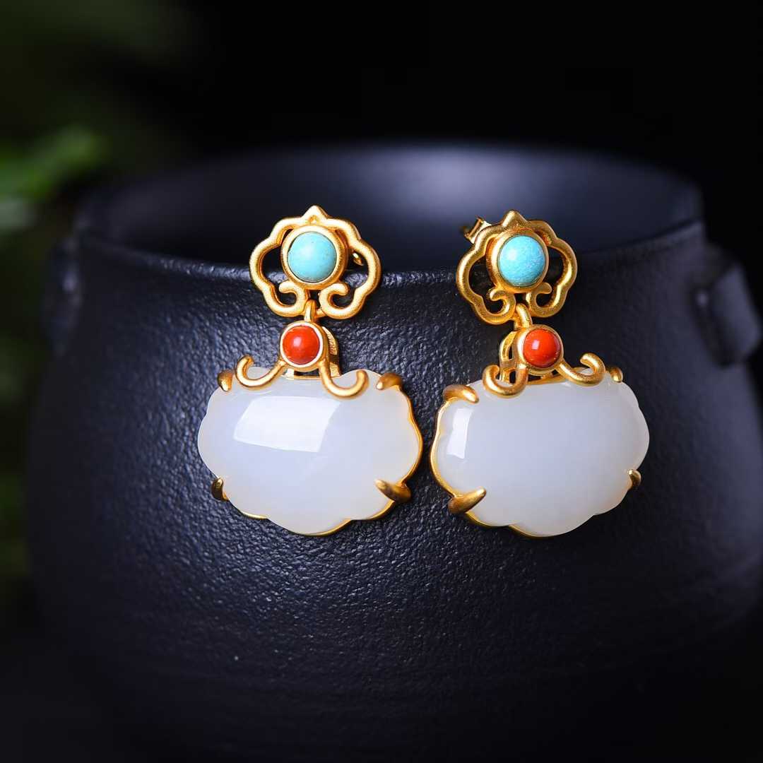 925 Silver Inlaid Hetian Jade Ruyi Lock Set - jewelry - weilin.com