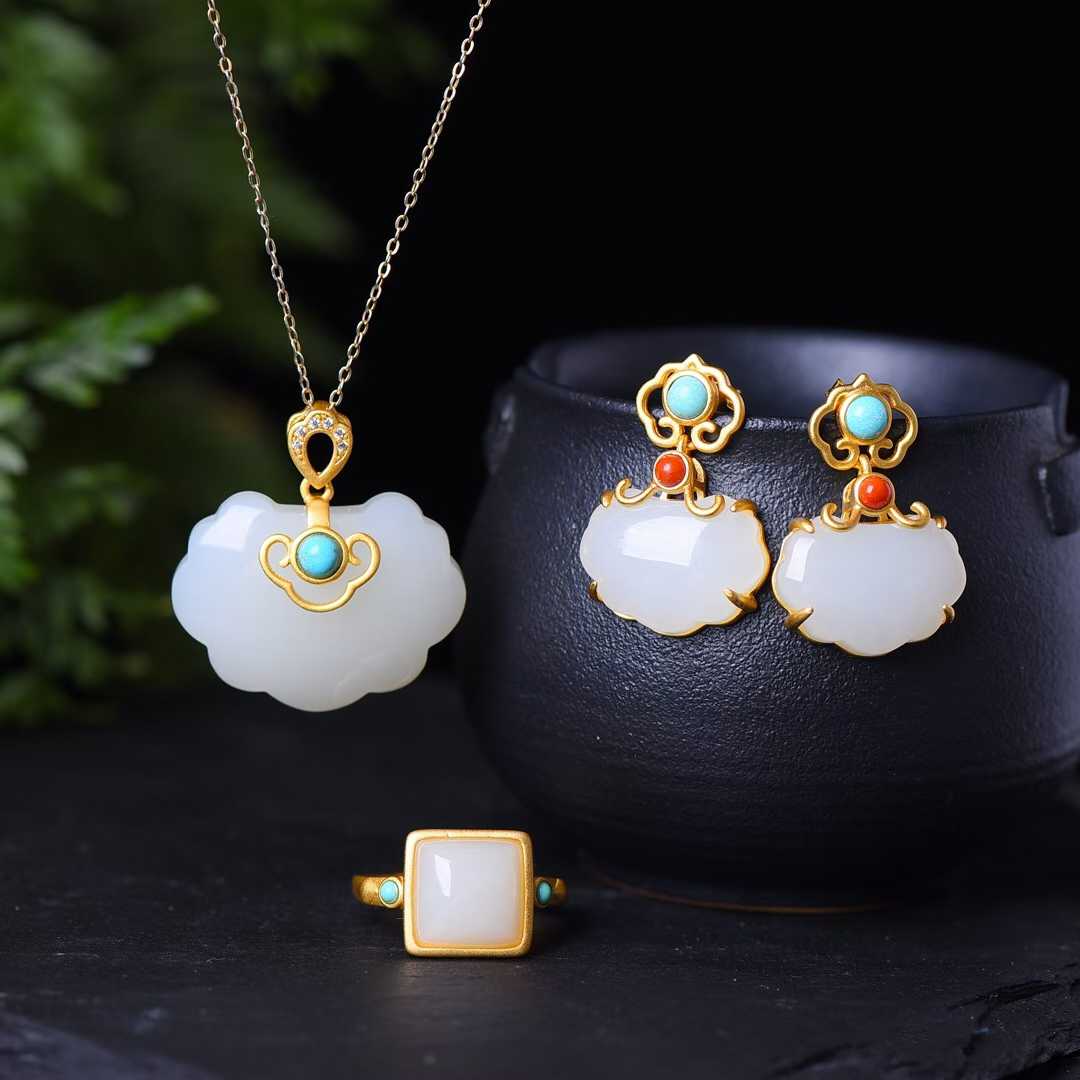 925 Silver Inlaid Hetian Jade Ruyi Lock Set - jewelry - weilin.com