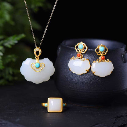 925 Silver Inlaid Hetian Jade Ruyi Lock Set - jewelry - weilin.com