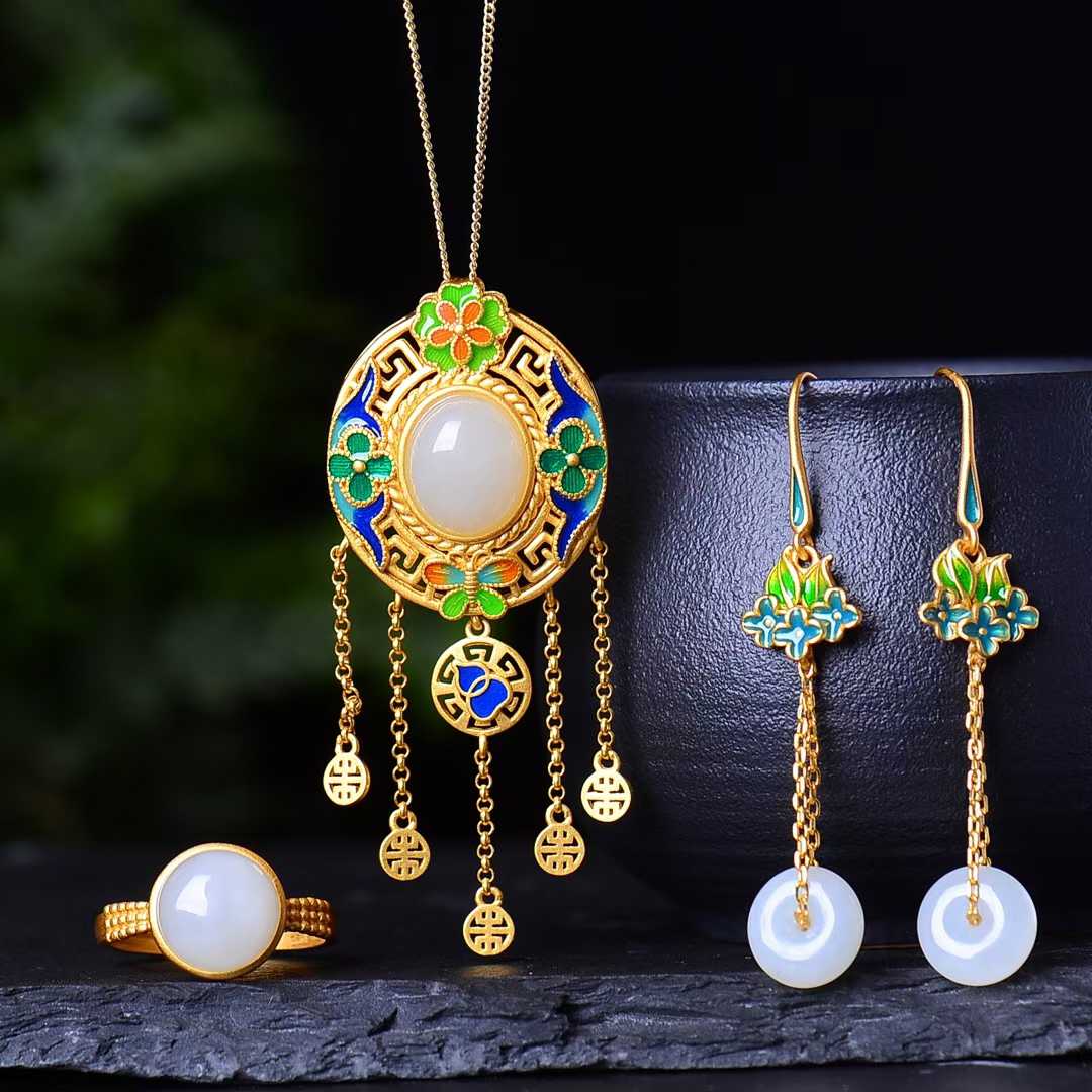 925 Silver Inlaid Hetian Jade Set - jewelry - weilin.com