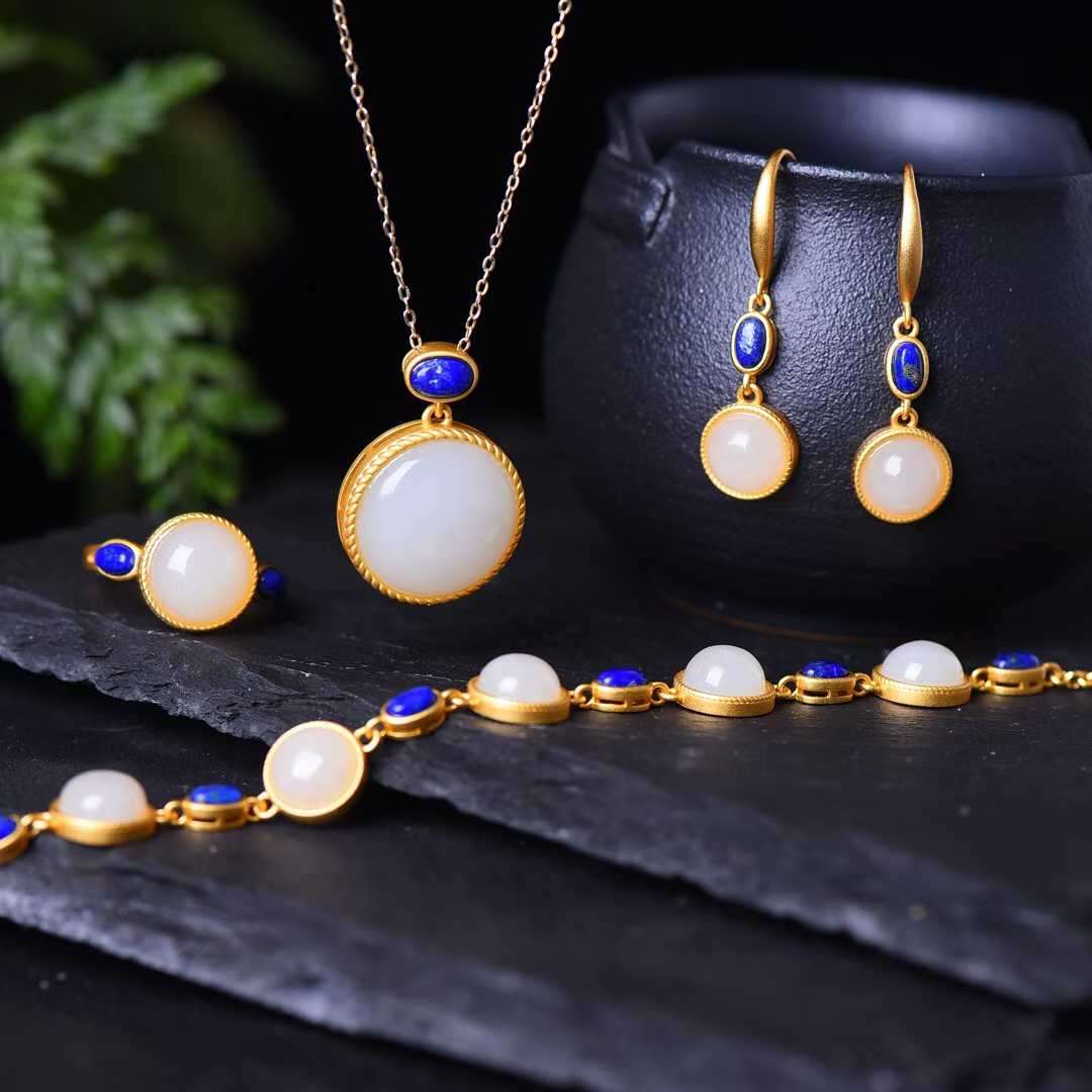 925 Silver Inlaid Hetian Jade Set - jewelry - weilin.com