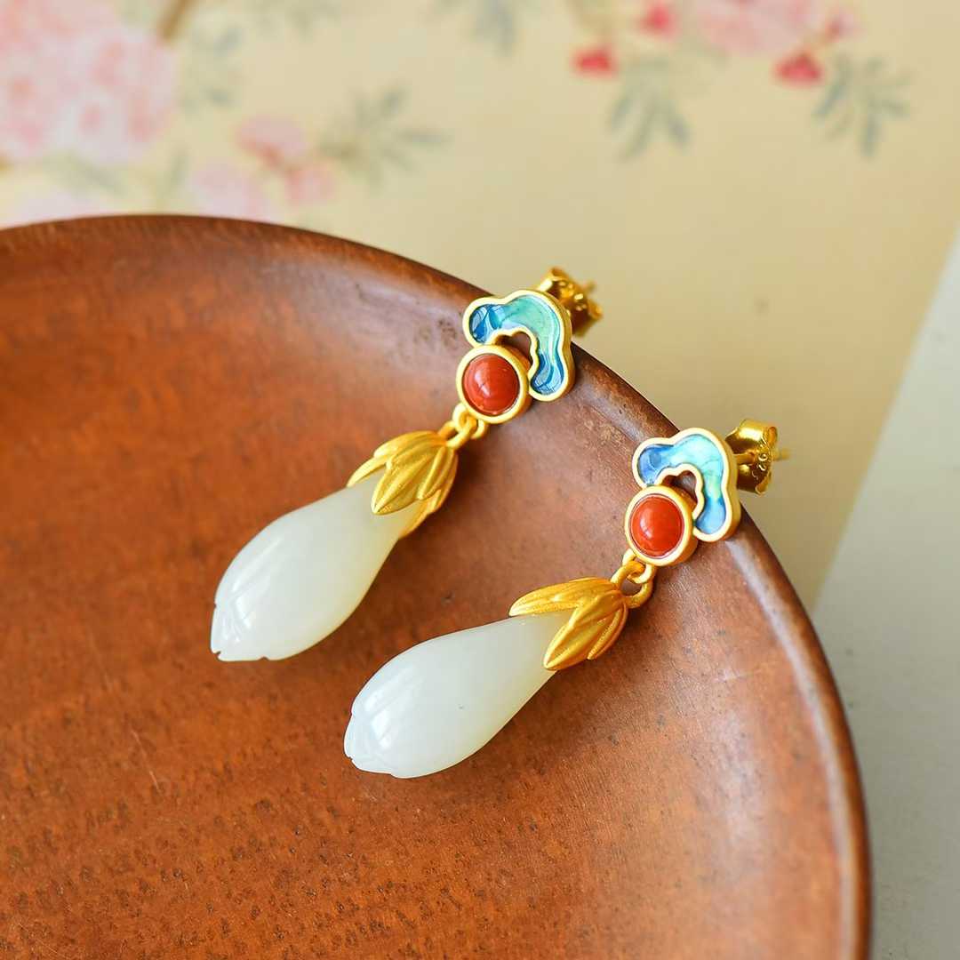 925 Silver - Inlaid Hetian Jade Tassel Set with Auspicious Clouds & Magnolias - jewelry - weilin.com