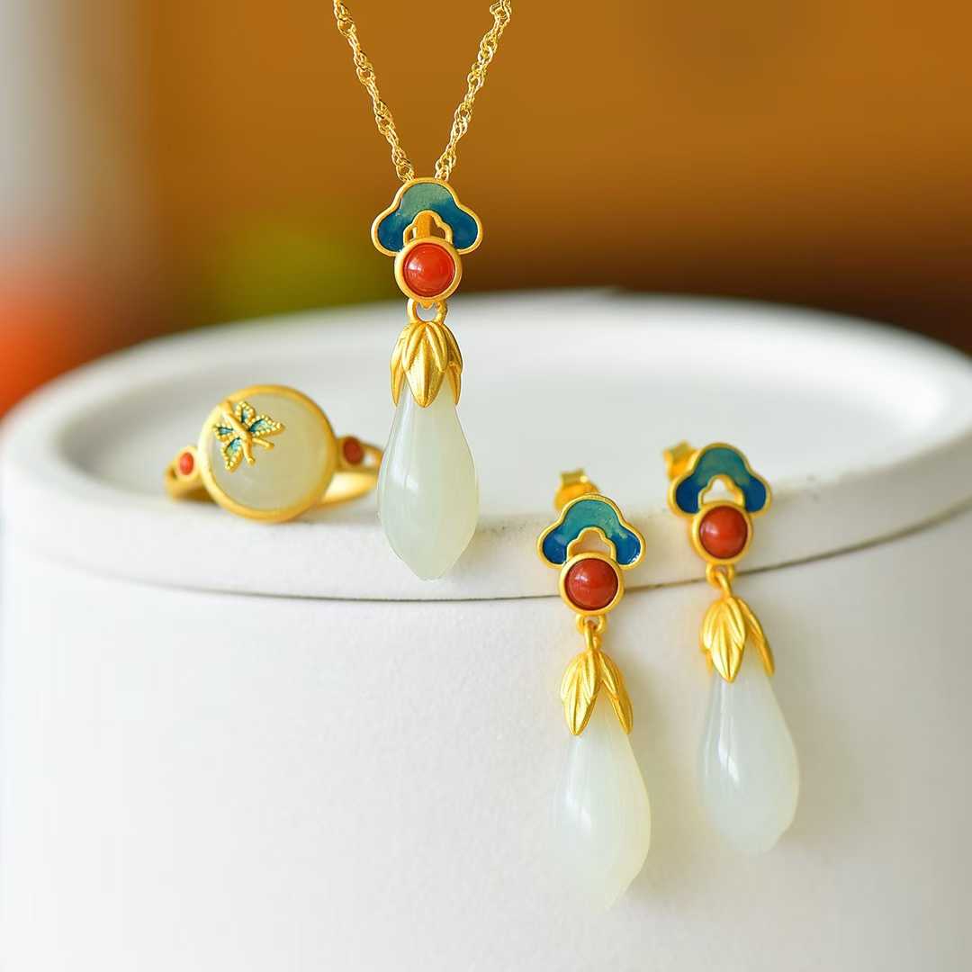 925 Silver - Inlaid Hetian Jade Tassel Set with Auspicious Clouds & Magnolias - jewelry - weilin.com