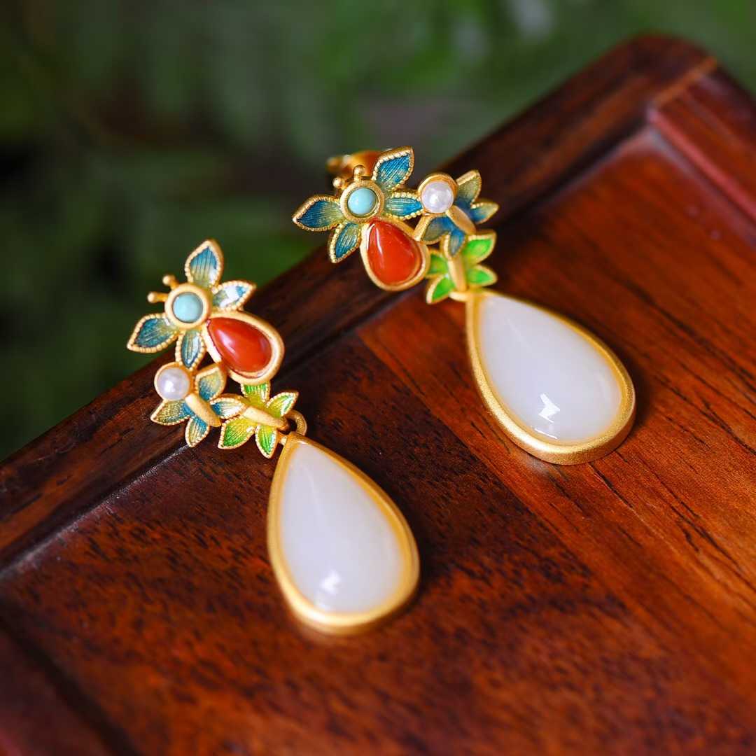 925 Silver Inlaid Hetian Jade Teardrop Enamel Earrings - jewelry - weilin.com