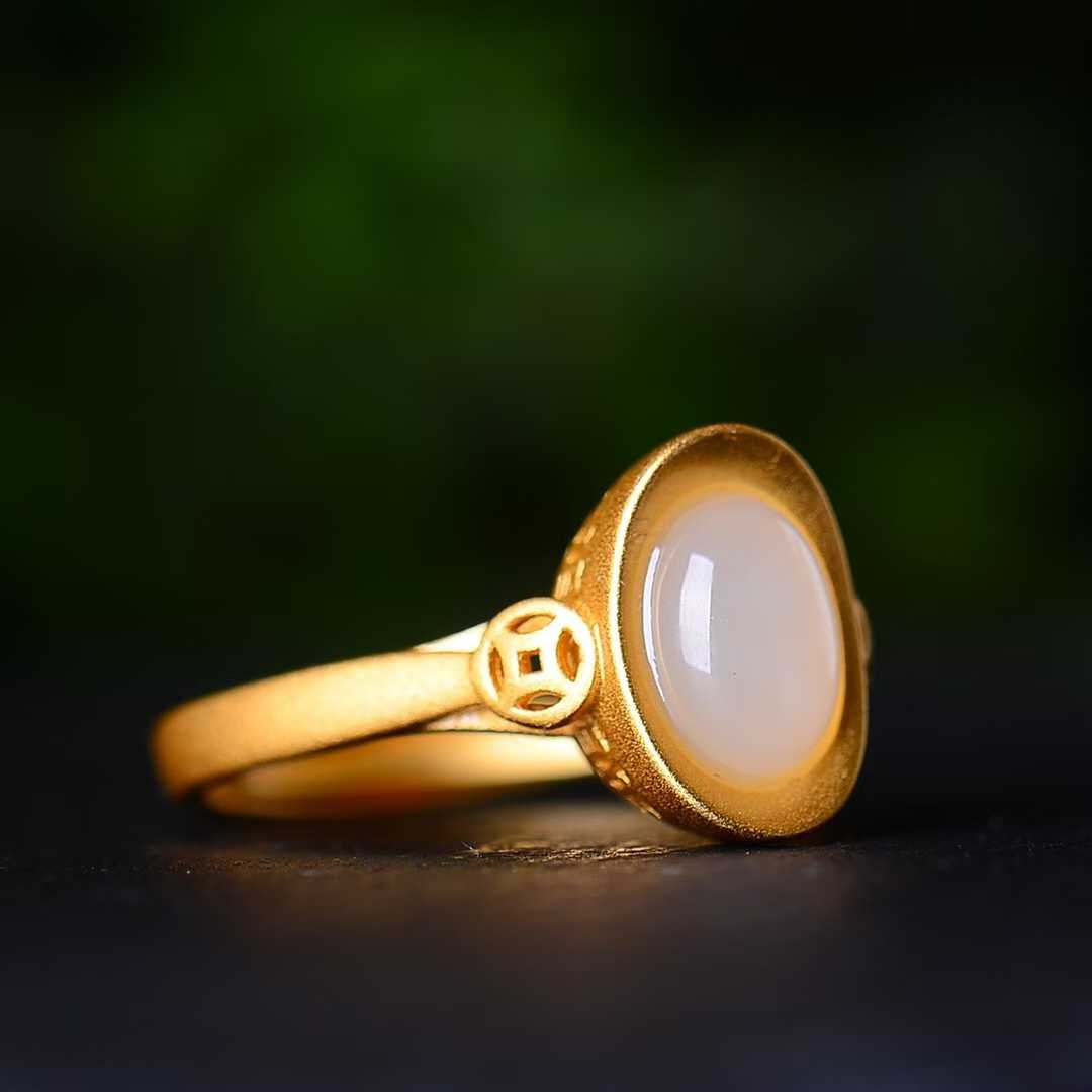 925 Silver Inlaid Hetian Jade Yuanbao Ring - jewelry - weilin.com