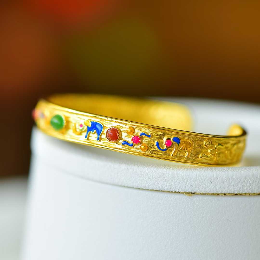 925 Silver Inlaid Hetian Jadeite (Jasper) "Auspicious Elephant & Ruyi" Bracelet - jewelry - weilin.com