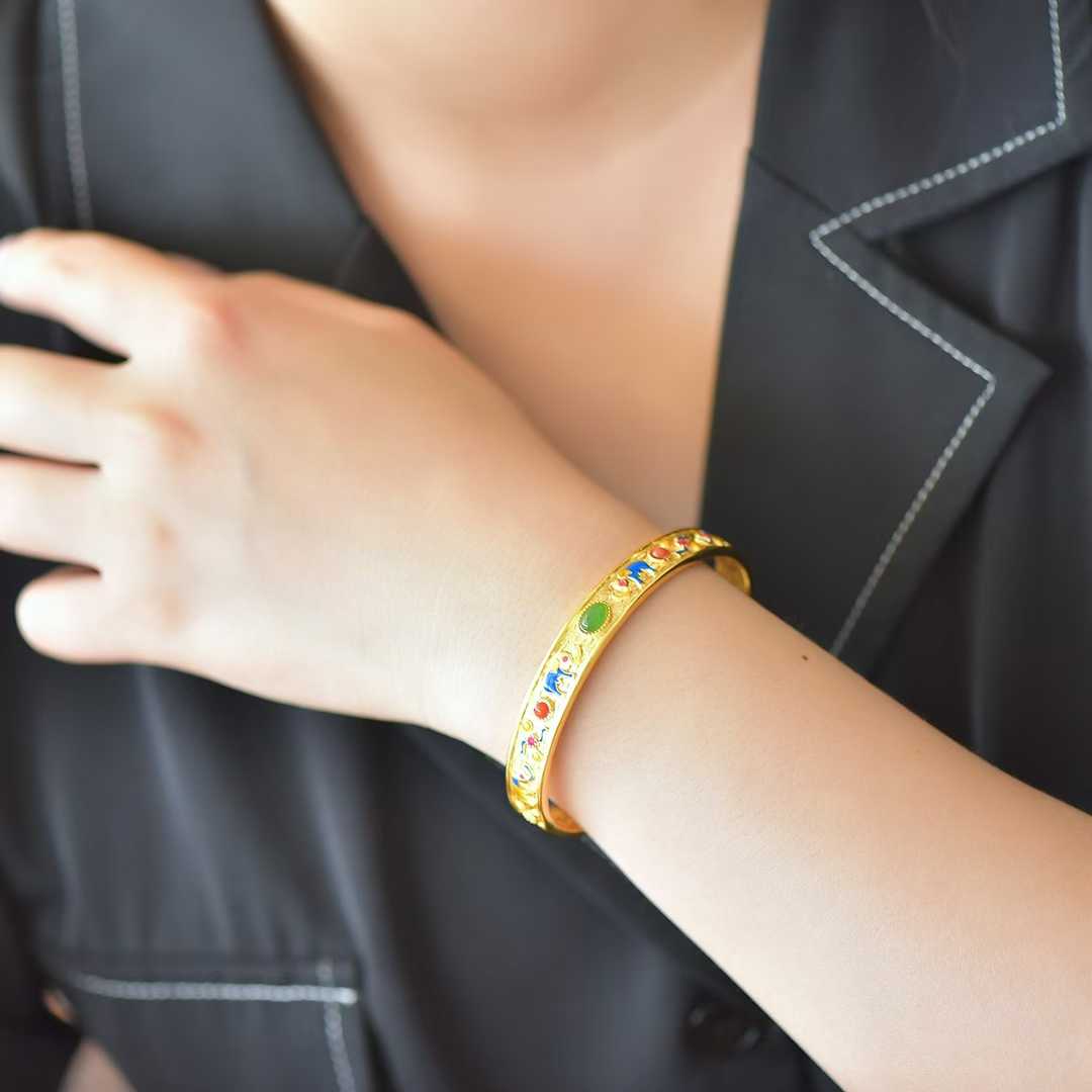 925 Silver Inlaid Hetian Jadeite (Jasper) "Auspicious Elephant & Ruyi" Bracelet - jewelry - weilin.com