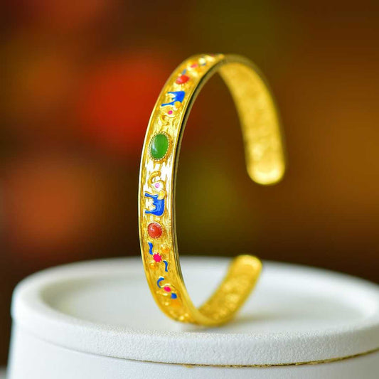 925 Silver Inlaid Hetian Jadeite (Jasper) "Auspicious Elephant & Ruyi" Bracelet - jewelry - weilin.com