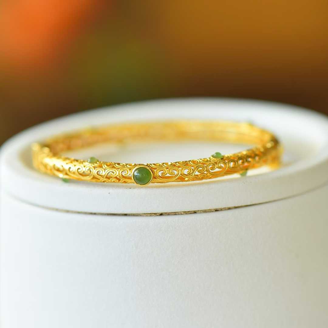 925 Silver Inlaid Hetian Jadeite (Jasper) "Cabochon & All Wishes Come True" Hollowed - Out Bracelet - jewelry - weilin.com