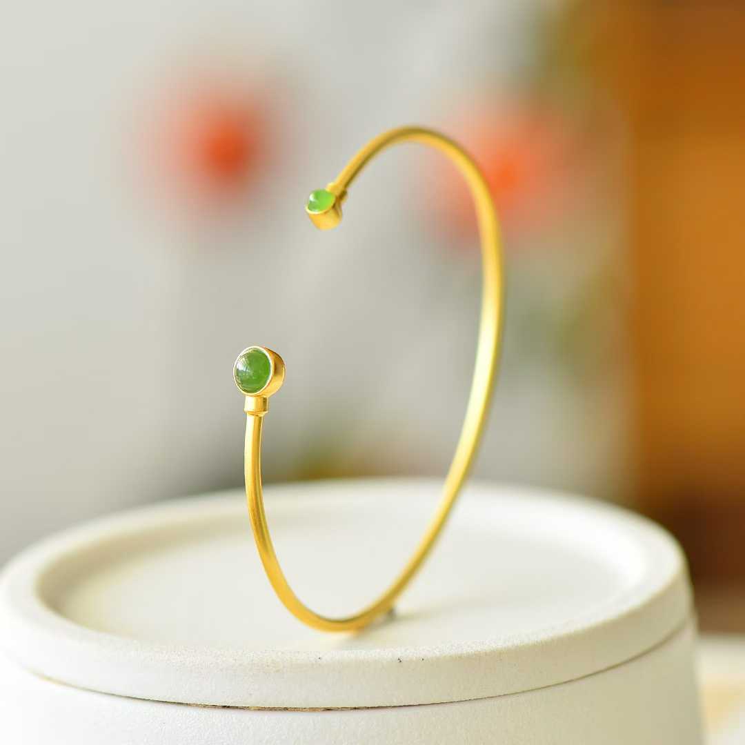 925 Silver Inlaid Hetian Jadeite (Jasper) "Cabochon" Bracelet - jewelry - weilin.com