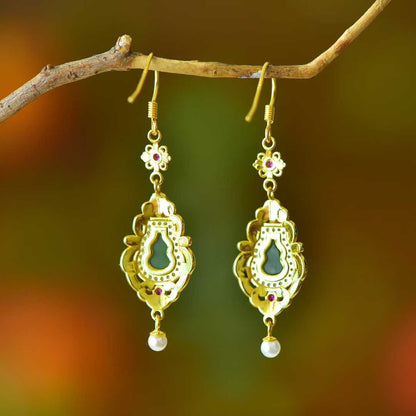 925 Silver Inlaid Hetian Jadeite (Jasper) "Gourd - Blessing & Emoluments" Earrings - jewelry - weilin.com