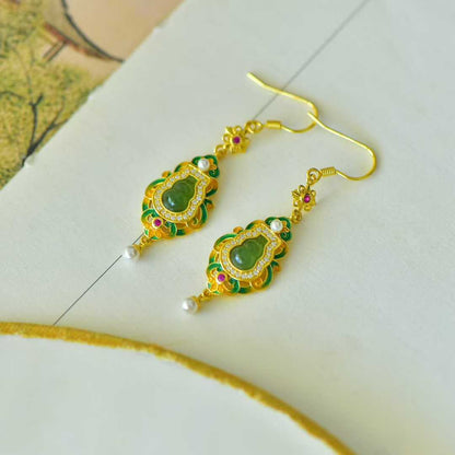 925 Silver Inlaid Hetian Jadeite (Jasper) "Gourd - Blessing & Emoluments" Earrings - jewelry - weilin.com