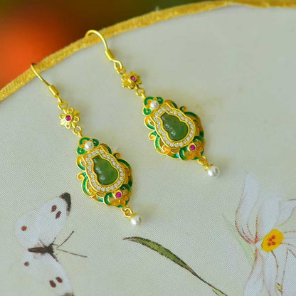 925 Silver Inlaid Hetian Jadeite (Jasper) "Gourd - Blessing & Emoluments" Earrings - jewelry - weilin.com