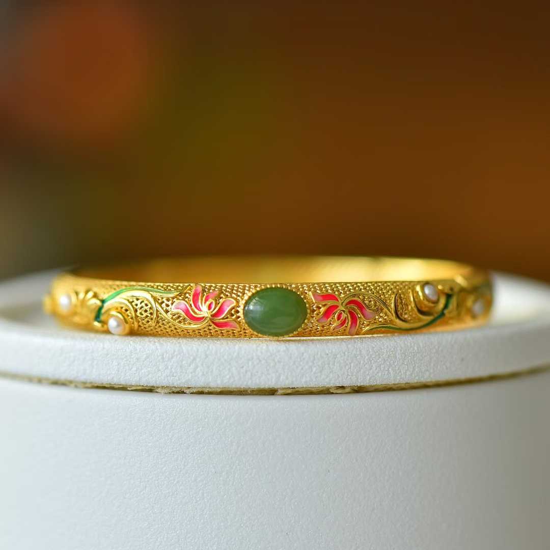 925 Silver Inlaid Hetian Jadeite (Jasper) "Lotus & Endless Luck" Enamel Bracelet - jewelry - weilin.com