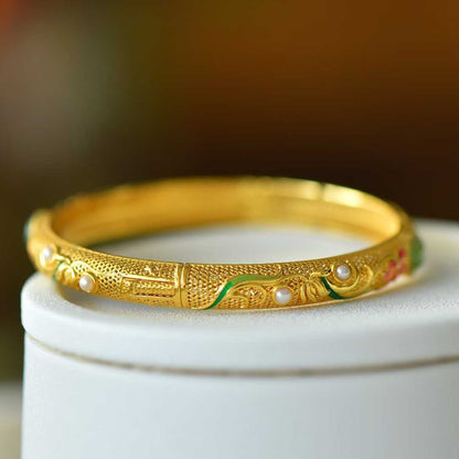 925 Silver Inlaid Hetian Jadeite (Jasper) "Lotus & Endless Luck" Enamel Bracelet - jewelry - weilin.com