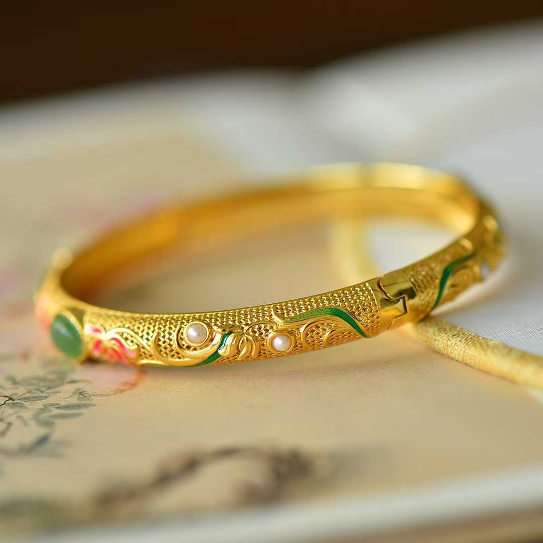 925 Silver Inlaid Hetian Jadeite (Jasper) "Lotus & Endless Luck" Enamel Bracelet - jewelry - weilin.com