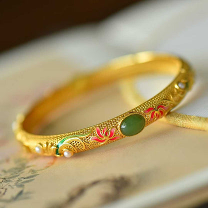925 Silver Inlaid Hetian Jadeite (Jasper) "Lotus & Endless Luck" Enamel Bracelet - jewelry - weilin.com
