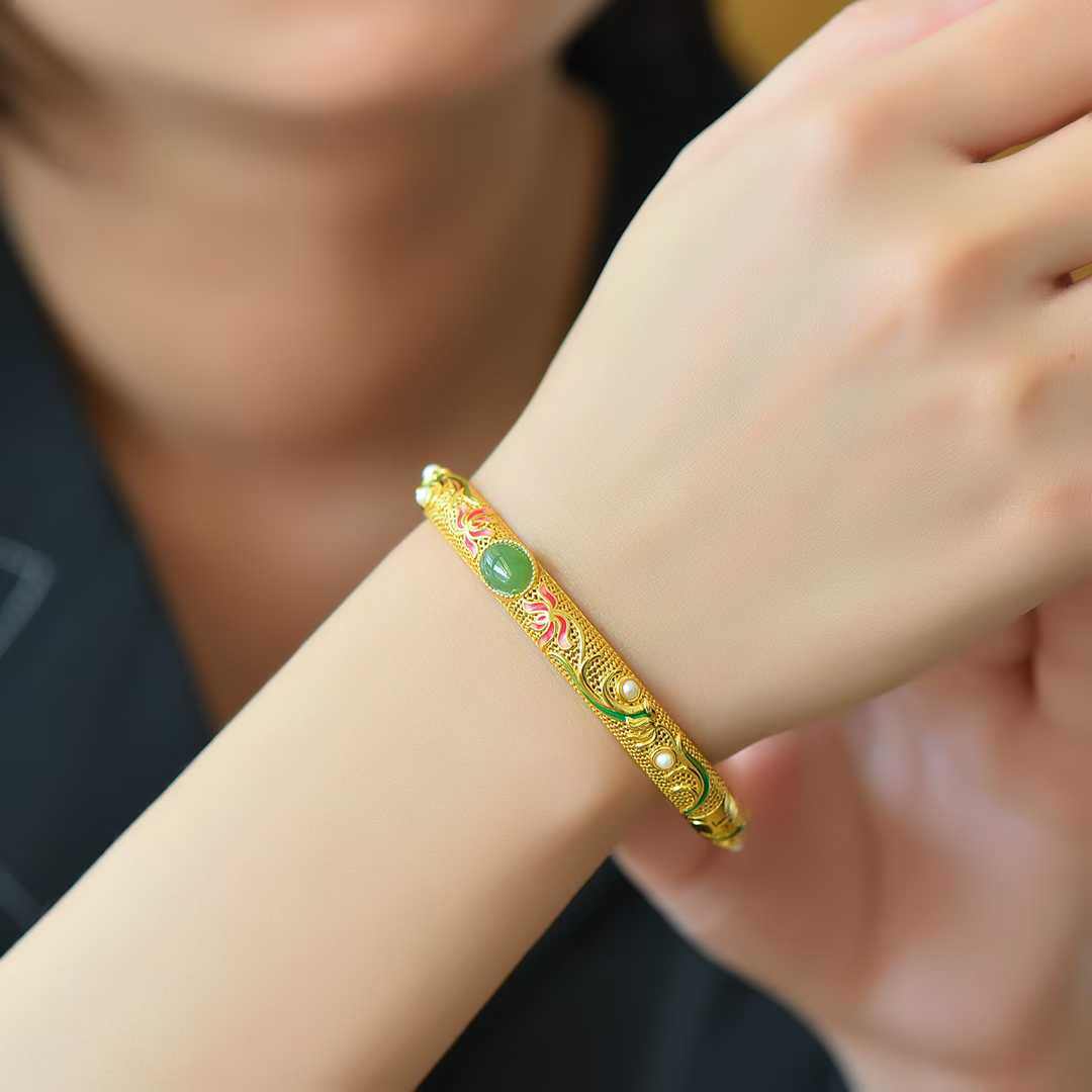 925 Silver Inlaid Hetian Jadeite (Jasper) "Lotus & Endless Luck" Enamel Bracelet - jewelry - weilin.com