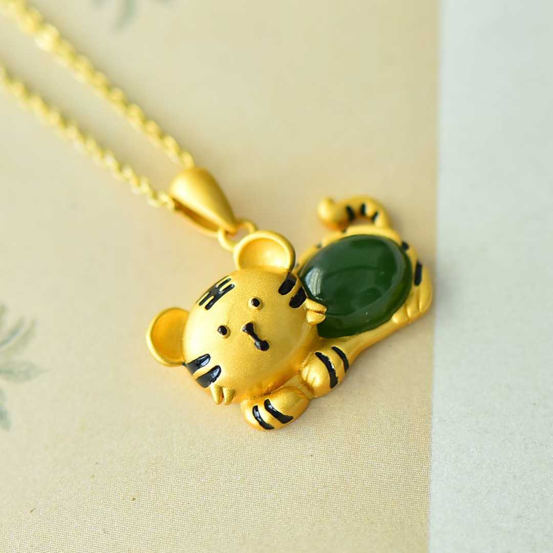 925 Silver Inlaid Hetian Jadeite (Jasper) "Tiger Cub" Pendant - jewelry - weilin.com
