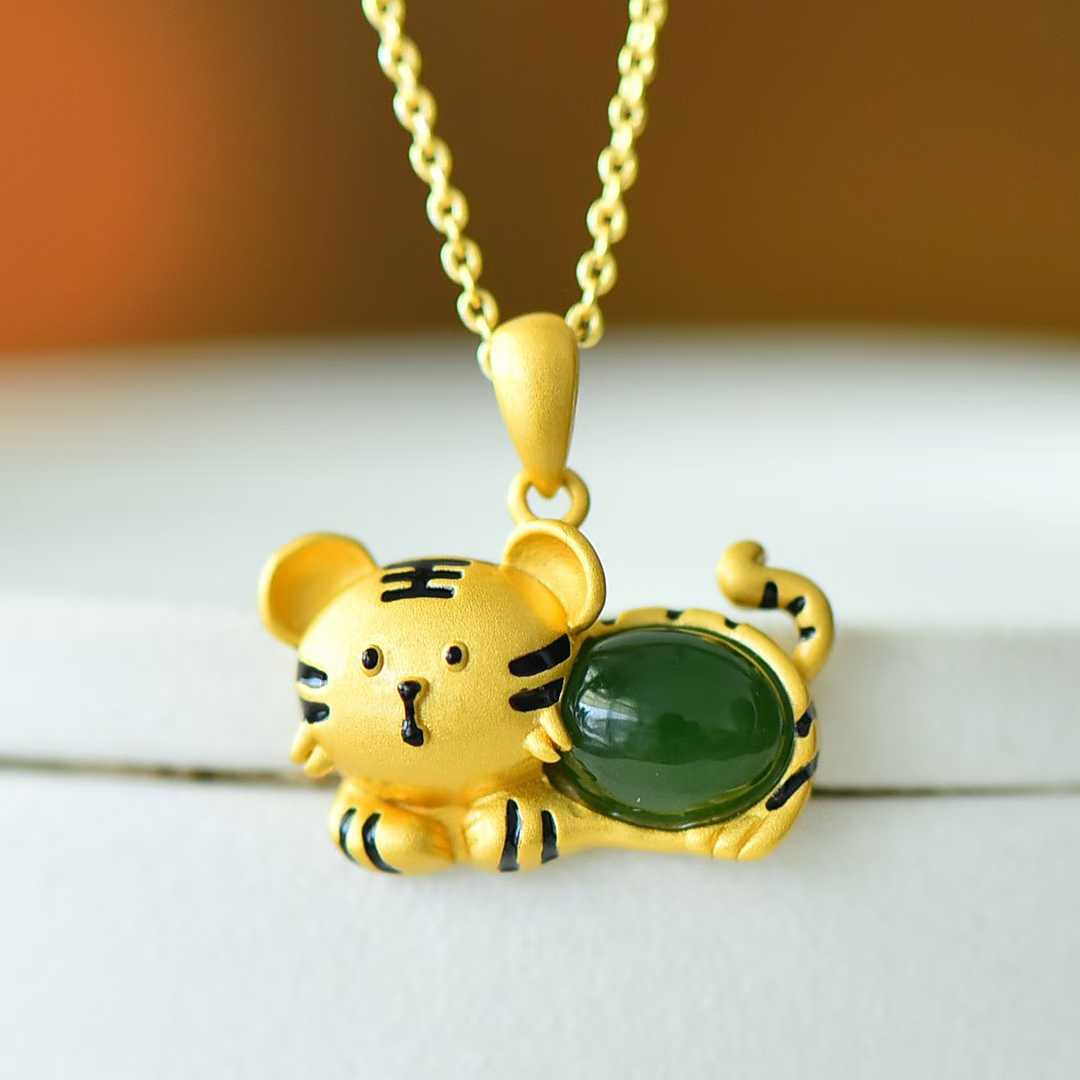 925 Silver Inlaid Hetian Jadeite (Jasper) "Tiger Cub" Pendant - jewelry - weilin.com