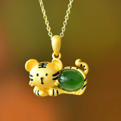 925 Silver Inlaid Hetian Jadeite (Jasper) "Tiger Cub" Pendant - jewelry - weilin.com