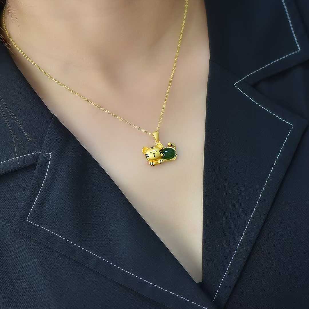 925 Silver Inlaid Hetian Jadeite (Jasper) "Tiger Cub" Pendant - jewelry - weilin.com