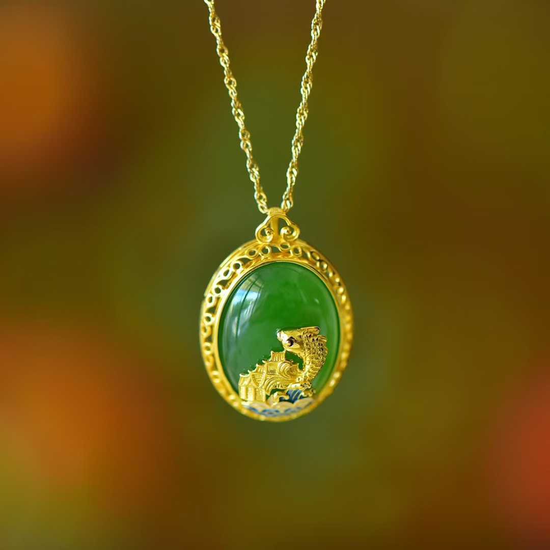 925 Silver Inlaid Hetian Jasper "Cabochon & Fish Leaping Over the Dragon Gate" Pendant - jewelry - weilin.com