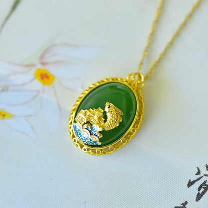 925 Silver Inlaid Hetian Jasper "Cabochon & Fish Leaping Over the Dragon Gate" Pendant - jewelry - weilin.com
